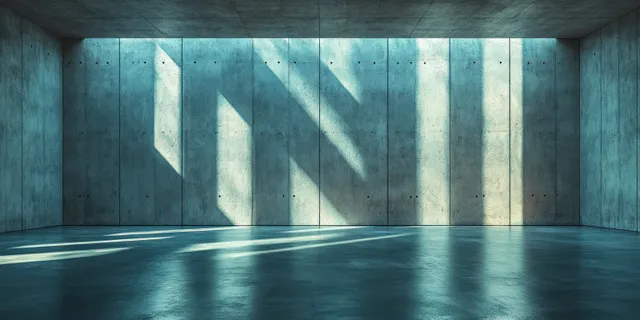 Empty minimalist concrete room with geometric wall openings and soft sunlight casting long shadows on the floor.