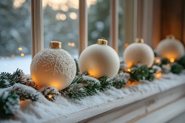 Christmas ornaments and evergreen garland decorate a warm-lit window ledge with softly glowing bulbs outside.