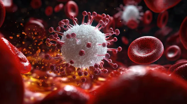 A macrophage emits glowing cytokine signals in a bloodstream filled with red and white blood cells during viral infection.