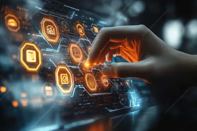 Hand pressing glowing hexagon certification icons over a digital quality assurance interface.