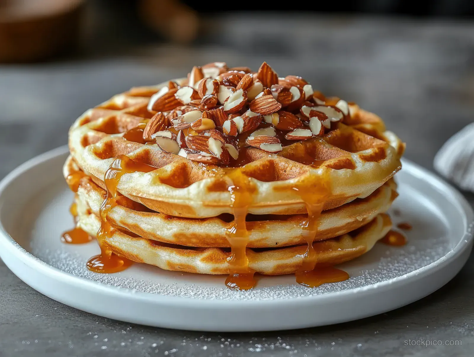Three golden waffles on a white plate with caramel drizzle and chopped almonds on top.
