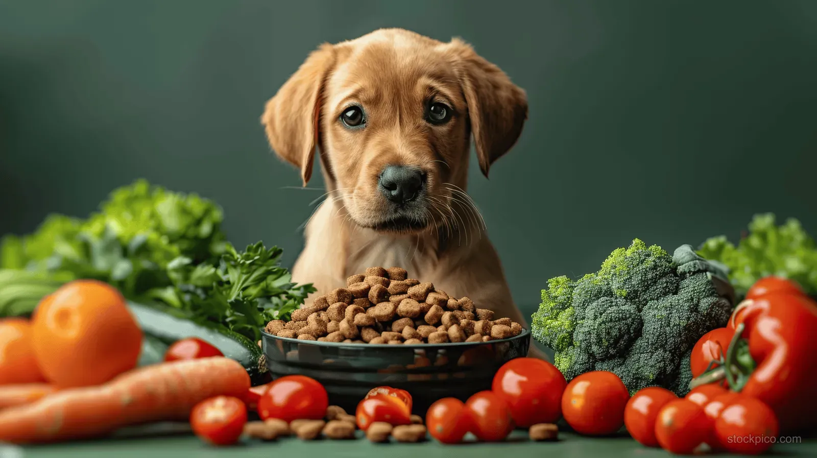 Labrador puppy eating dry dog food from a bowl surrounded by vegetables on a green background.