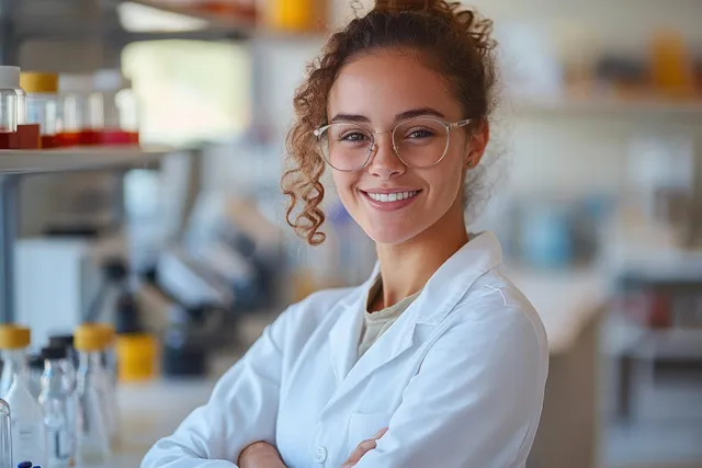 A woman scientist in a white lab coat and glasses stands with arms crossed in a bright laboratory with bottles behind her.