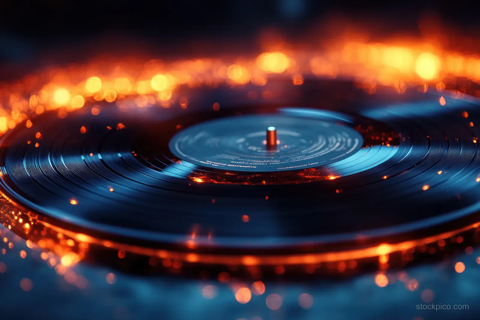 Spinning blue vinyl record with orange light sparks swirling around it in a dark club atmosphere.
