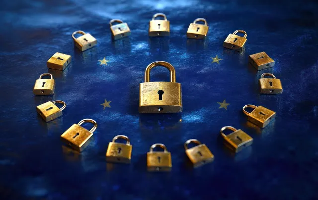 Golden padlocks forming a circle on a blue background with yellow stars scattered around.