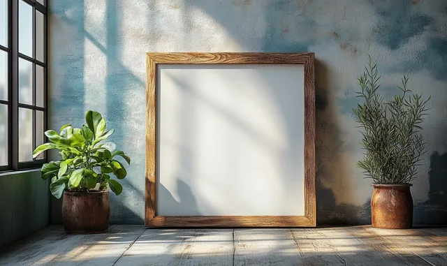 An empty wooden picture frame stands on a concrete floor beside potted plants with soft sunlight shadows.