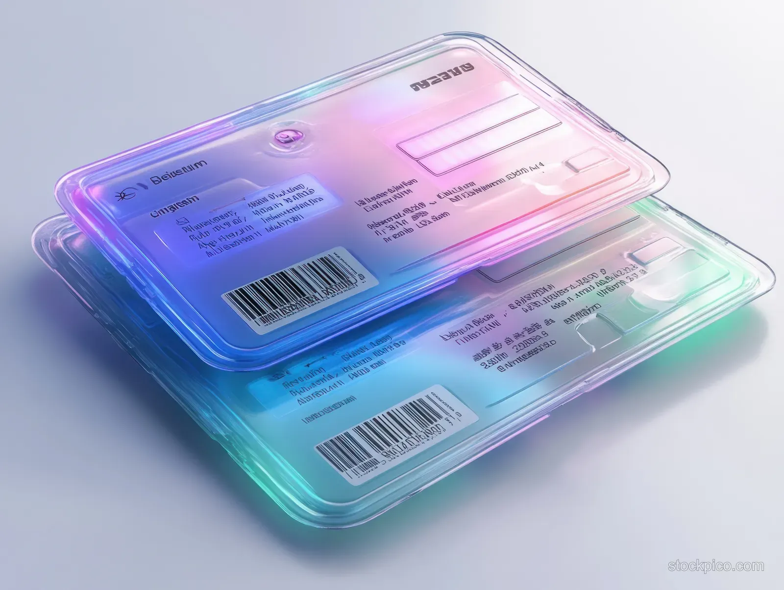 Overlapping blue and green health insurance cards with barcodes and blank information on a white background.