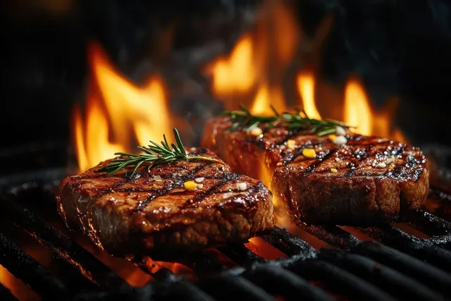 Grilled Beef Steaks Sizzling Over Flames with Rosemary Sprigs