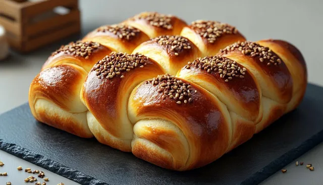 Golden sesame-topped bread rolls stacked on a dark slate board, oven-baked surface shine