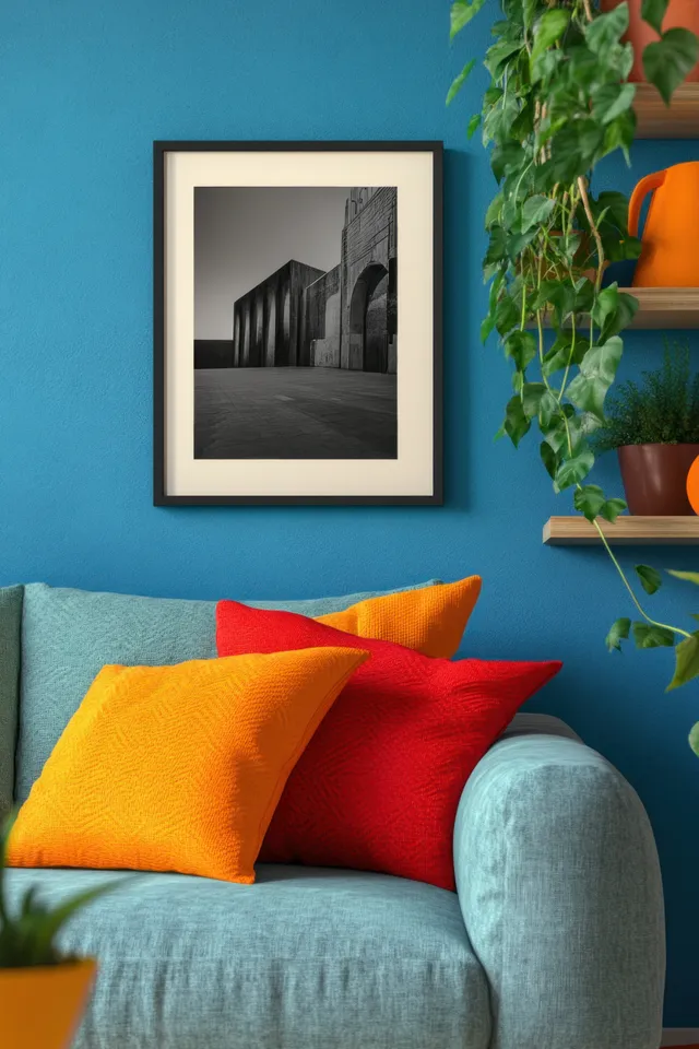 Red and orange cushions rest on a blue sofa beneath framed wall art with green plants beside it.