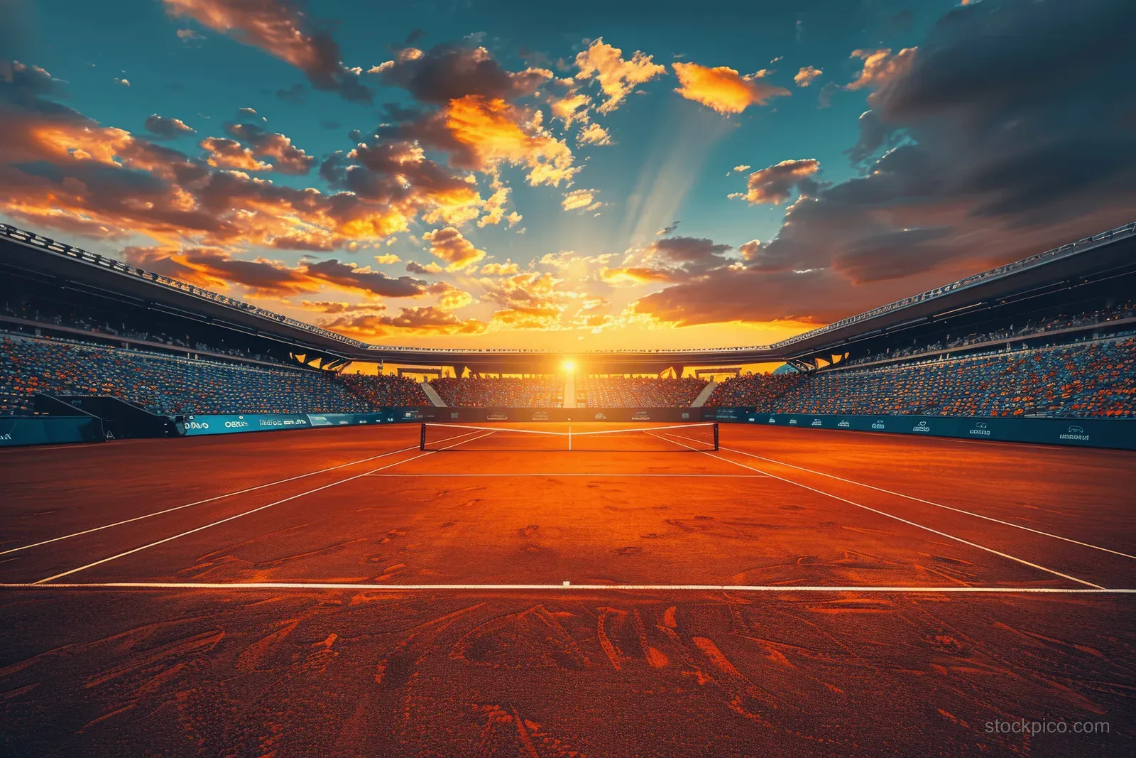Orange clay tennis court fills a stadium at sunset under dramatic orange-blue clouds.