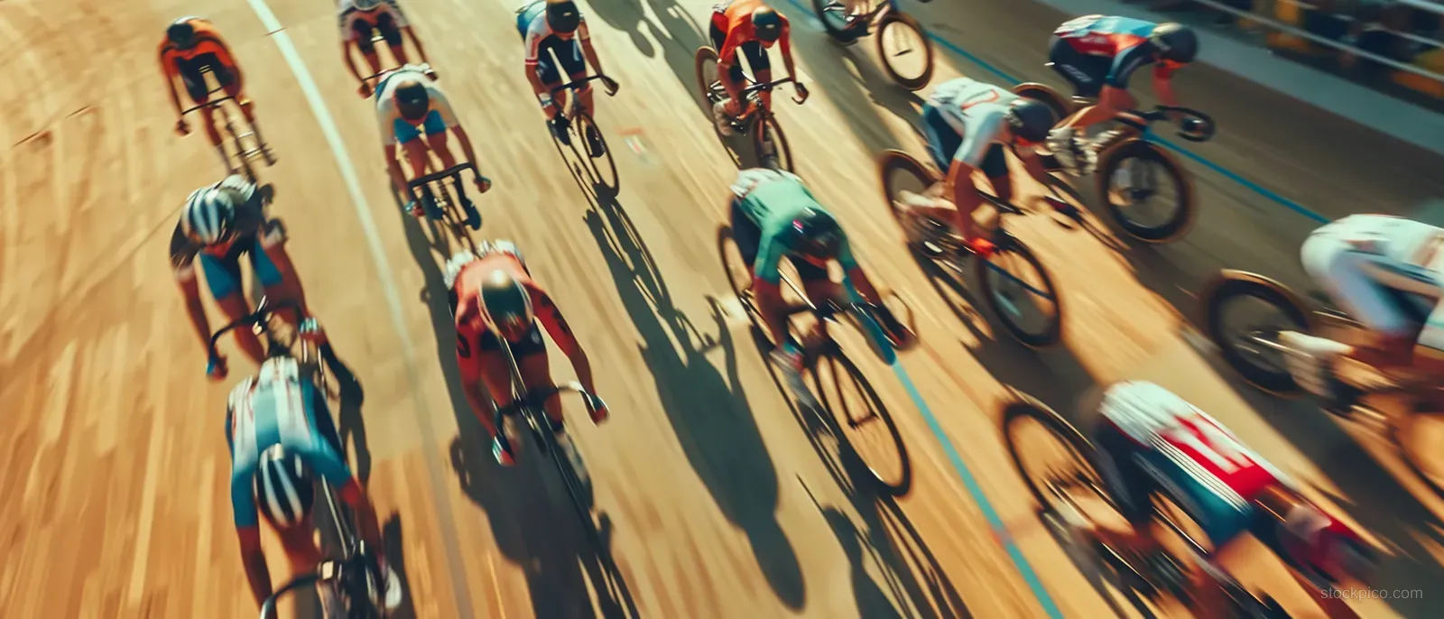Aerial view of women cyclists racing on a wooden track with brightly colored jerseys in daylight.
