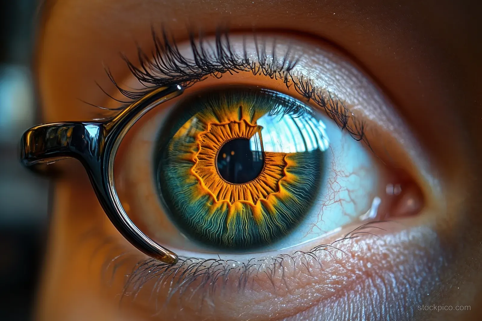 Extreme close-up of a human eye with a blue-orange iris behind a metal eyeglass frame.