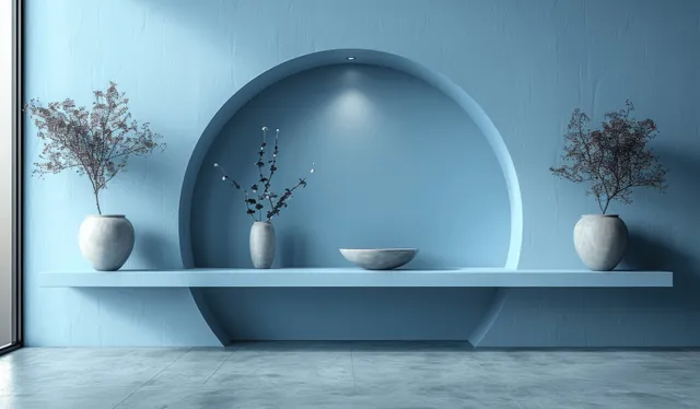 Light blue interior with white shelf, arched niche light, and window shadow gradients
