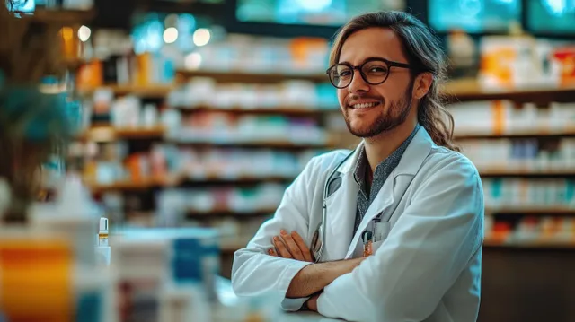 Smiling pharmacist advising a client in a bright modern pharmacy