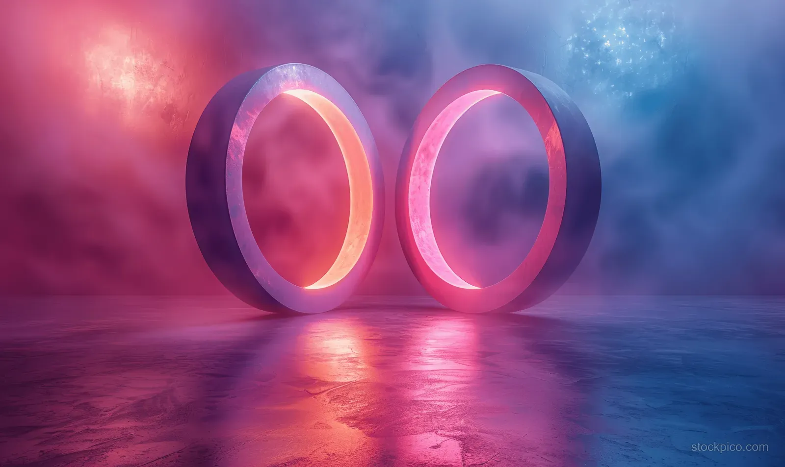 Two glowing rings stand in a misty blue and purple reflective scene.