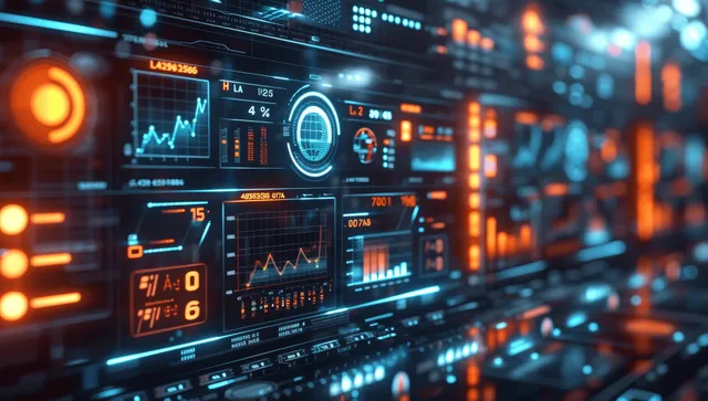 Futuristic realtime analytics dashboard with glowing KPI charts and network data streams