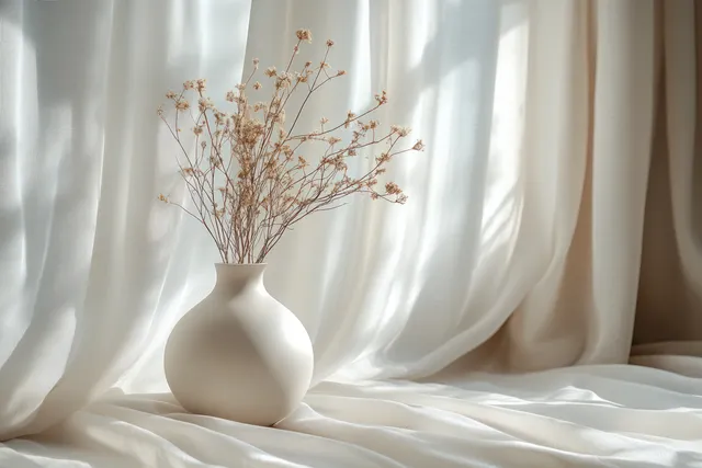 White ceramic vase with dried stems sitting on a wooden table beside sheer curtains in soft natural light.