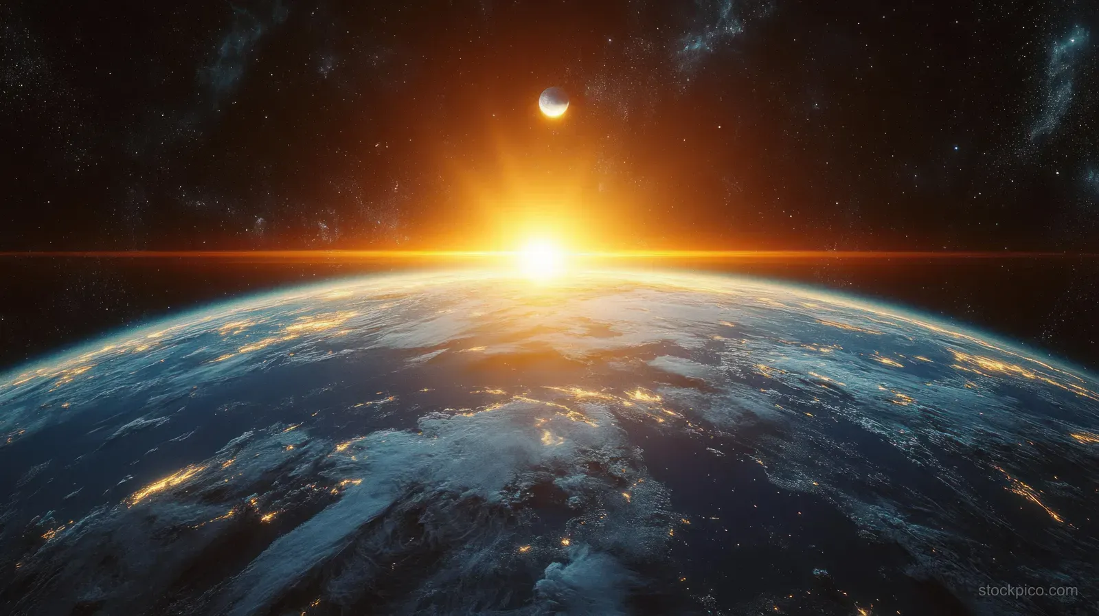 Sunrise over Earth from space with the moon above, showing city lights and glowing clouds across the horizon.
