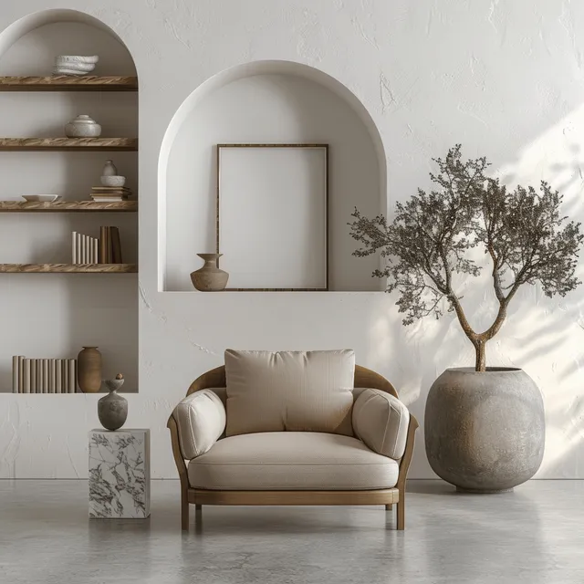 Cream armchair in a minimalist living room facing arched shelves, with a large vase and small tree in front.