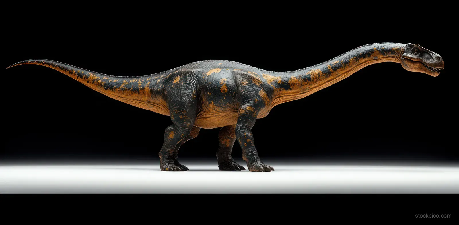 Apatosaurus sauropod herbivore walking in profile with long neck under rim lighting on pale ground.