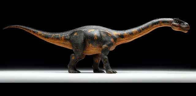 Apatosaurus sauropod herbivore walking in profile with long neck under rim lighting on pale ground.