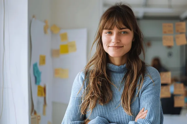 A woman in a blue sweater stands with arms crossed in a creative office with sticky notes on walls.