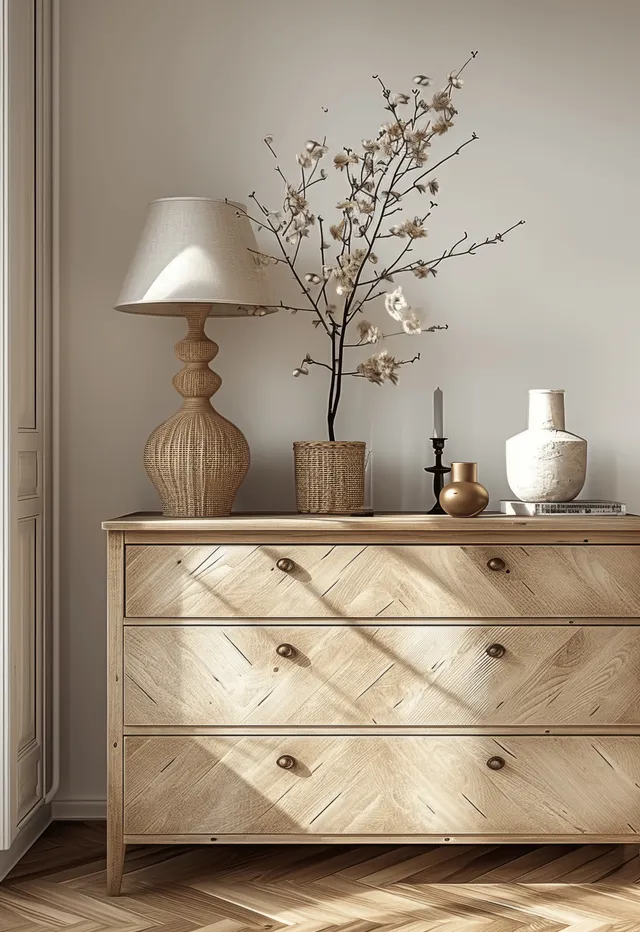 Light wood chest of drawers with rattan decor styled with a warm table lamp and vase in a bright interior.