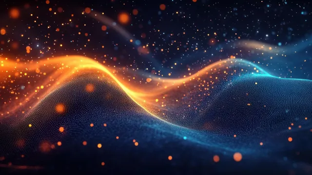 Neon data wave with glowing particles across a dark cyber network background