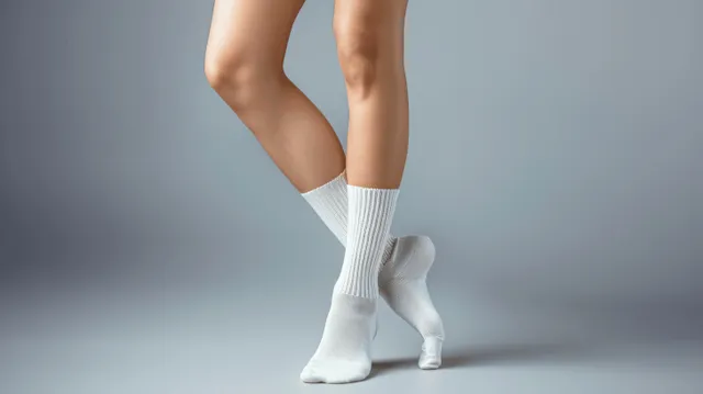 Woman's legs in white socks against gray studio background
