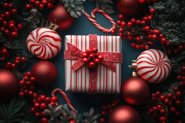 Holiday gift box with striped candy canes, red berries, and ornaments arranged on a deep blue background.