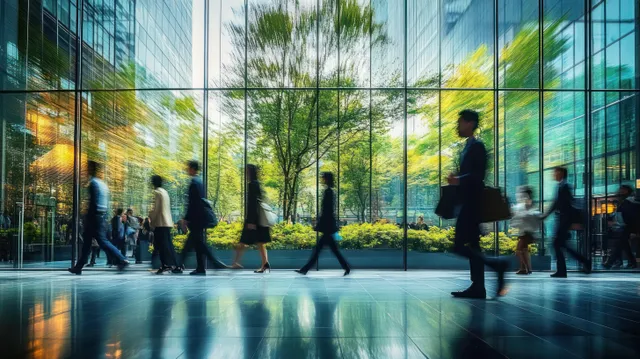 Office workers walk through a bright glass atrium with indoor trees and motion blur on the floor.