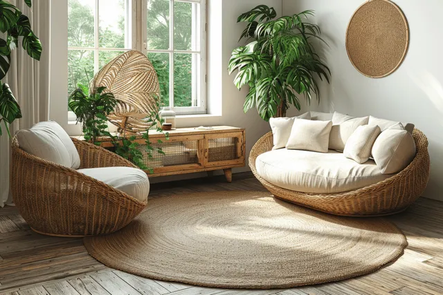 Beige sofa and rattan armchairs in a bright white living room with a large window and potted plants.