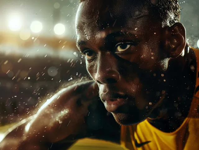 A Jamaican sprinter races in a 4x400m relay with a baton, under stadium lights and a blurred crowd background.