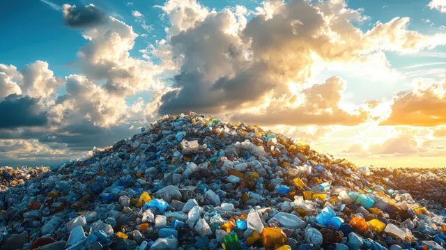 A large pile of plastic bottles and trash sits on a polluted ground under a glowing sunset sky.