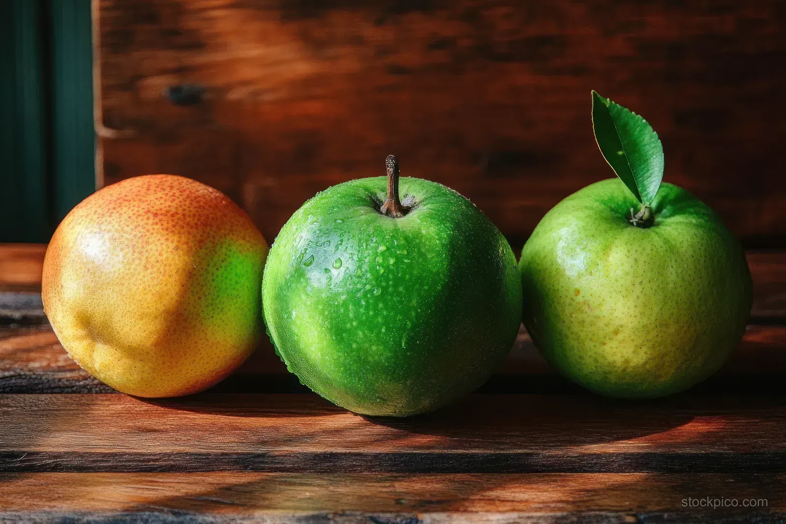 Green limes and a yellow lemon sit on a rustic wooden table in warm natural light.