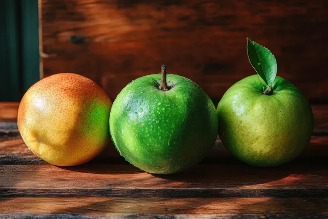 Green limes and a golden lemon resting on rustic wooden table in warm natural light