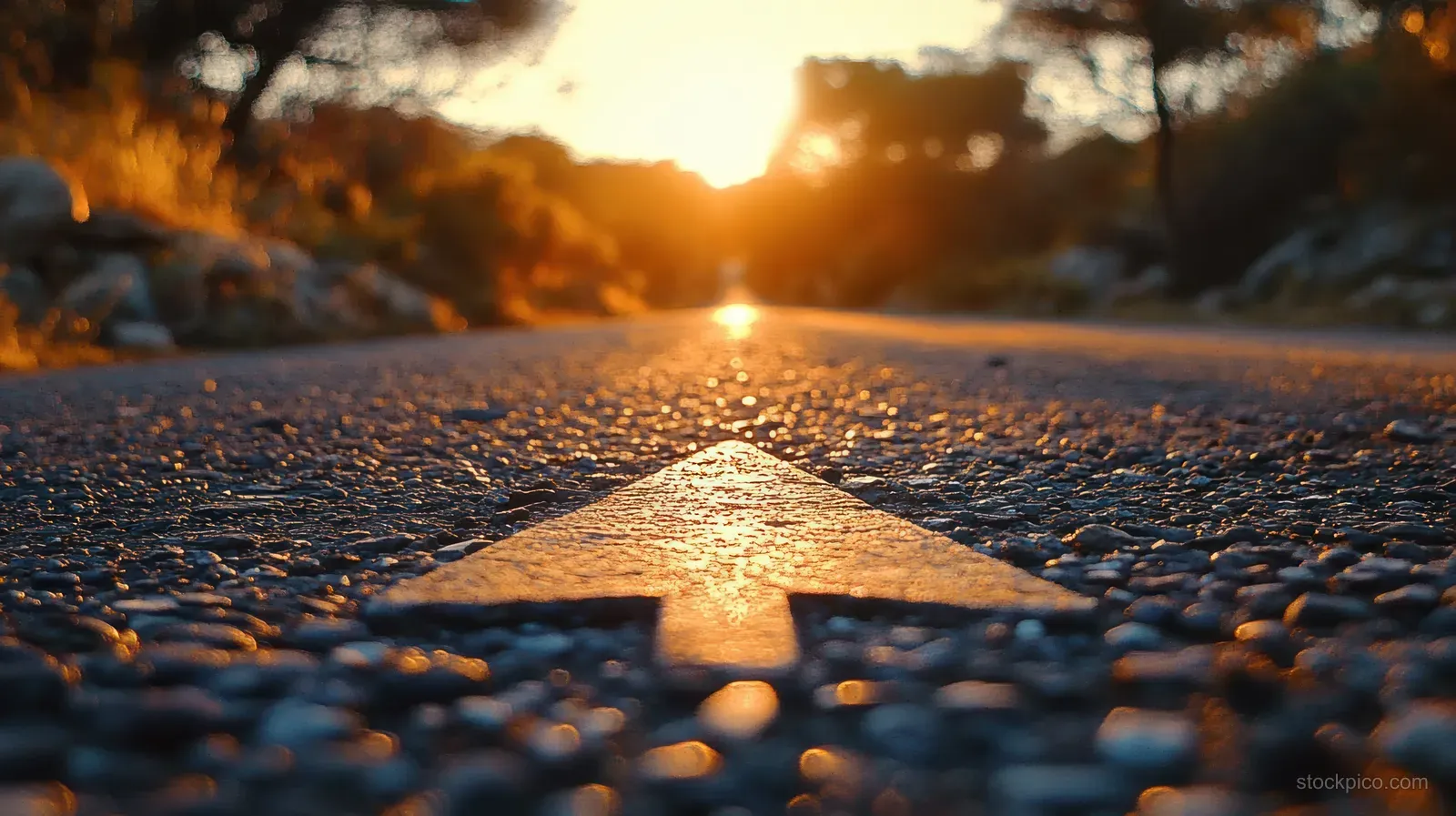 An asphalt road with a painted arrow leading toward a glowing sunrise on the horizon.