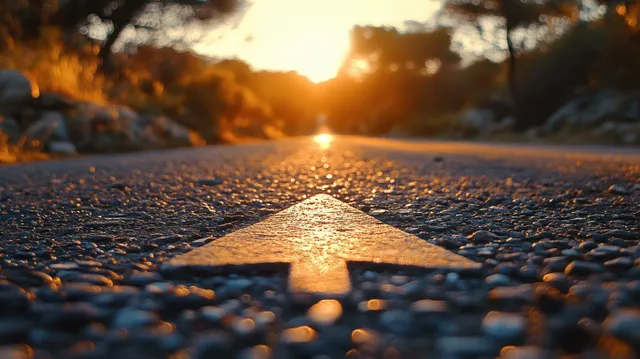 An asphalt road with a painted arrow leading toward a glowing sunrise on the horizon.