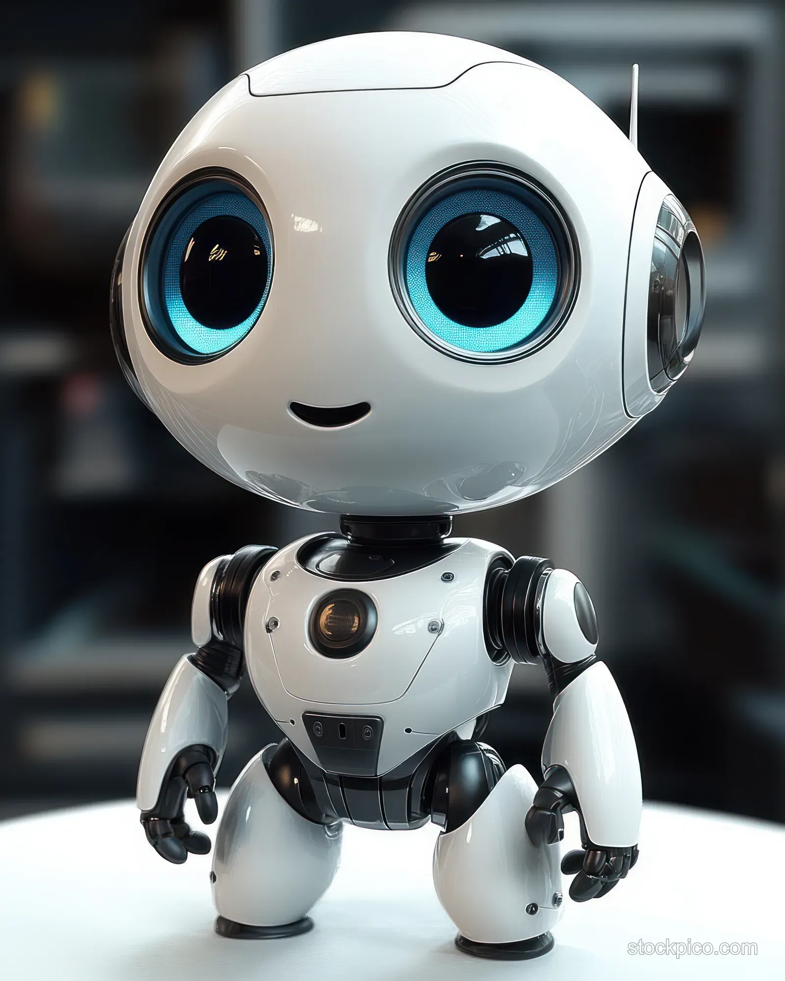 Small white humanoid robot with glowing blue eyes stands on a table indoors, smiling at the camera.