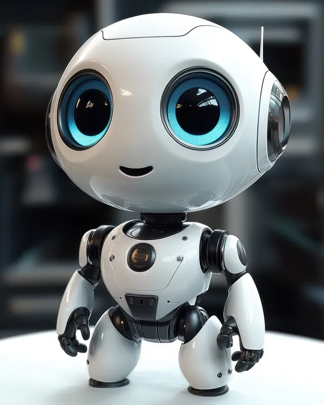Small white humanoid robot with glowing blue eyes stands on a table indoors, smiling at the camera.