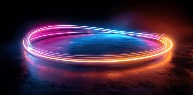 Neon light ring renders glowing pink and blue loop with shimmering reflections on dark background