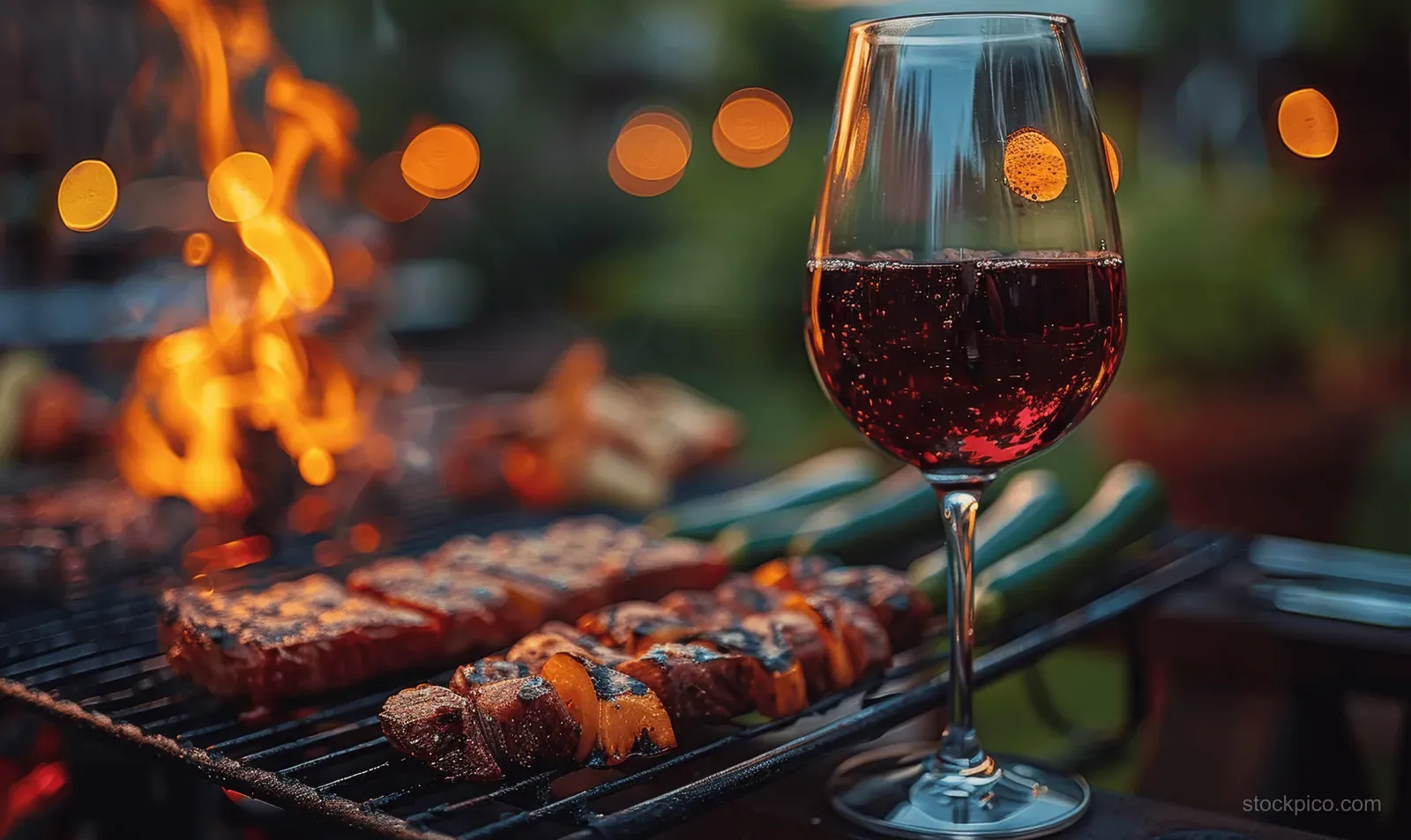Sizzling barbecue meat on a grill beside a red wine glass with warm night lights in the background.