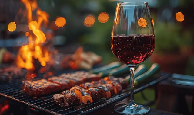 Night backyard barbecue with sizzling grill, red wine glass, and warm bokeh lights
