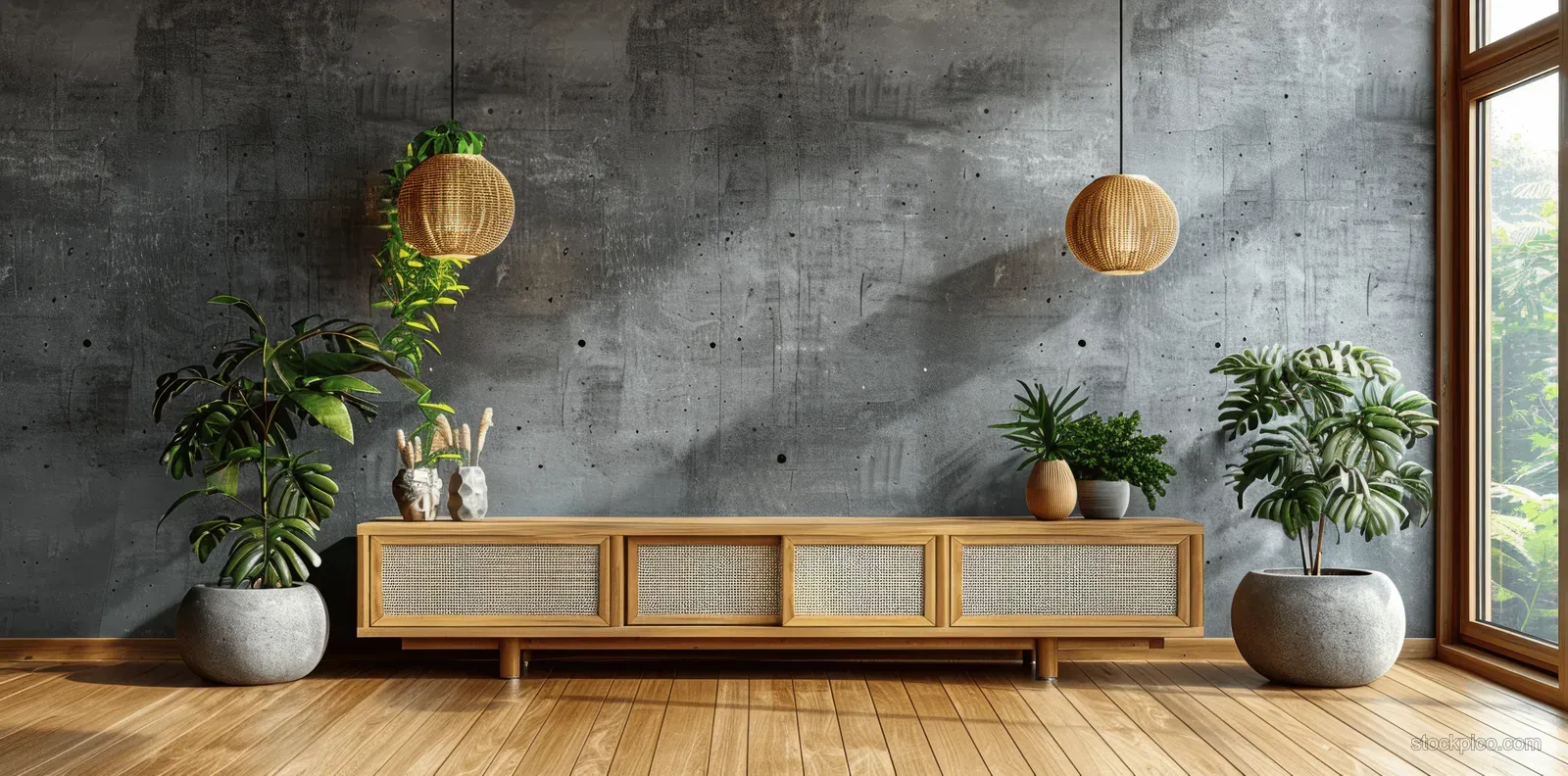 Minimalist wooden media cabinet with rattan accents sits against a concrete wall with potted plants and a window glow.