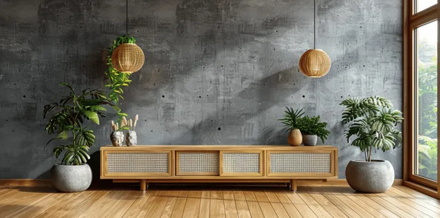 Minimalist wooden media cabinet with rattan accents sits against a concrete wall with potted plants and a window glow.
