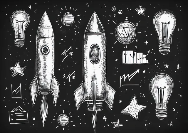 Hand-drawn doodle rockets lifting through starry background with lightbulb and growth icons