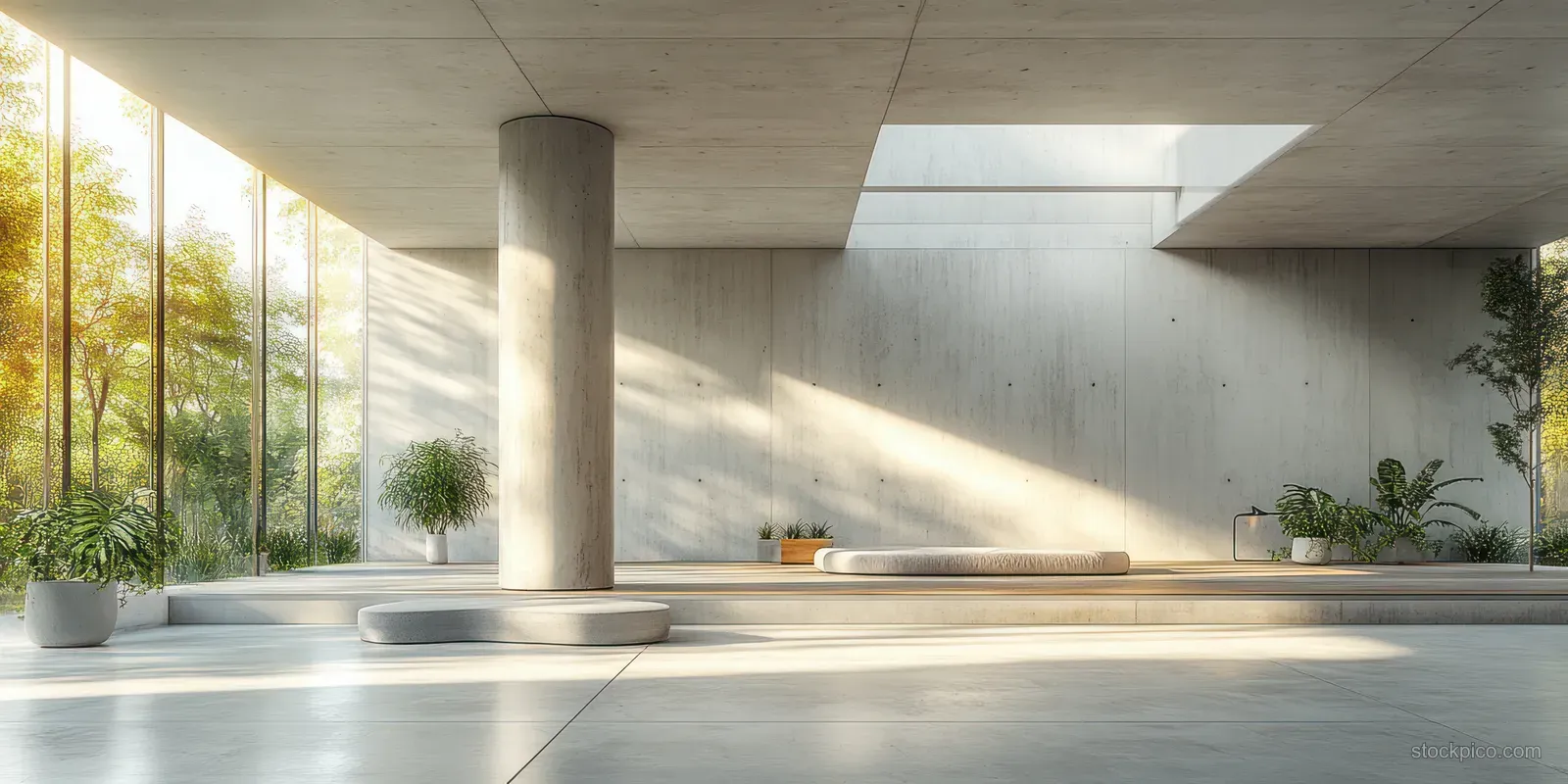 Empty concrete interior with a round pillar, indirect wall lighting, and rough tiled floor surface.