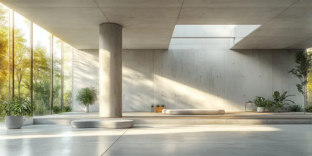 Empty concrete interior with a round pillar, indirect wall lighting, and rough tiled floor surface.