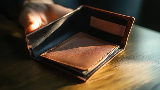 An empty black leather wallet is held open in a person’s hands under moody light.